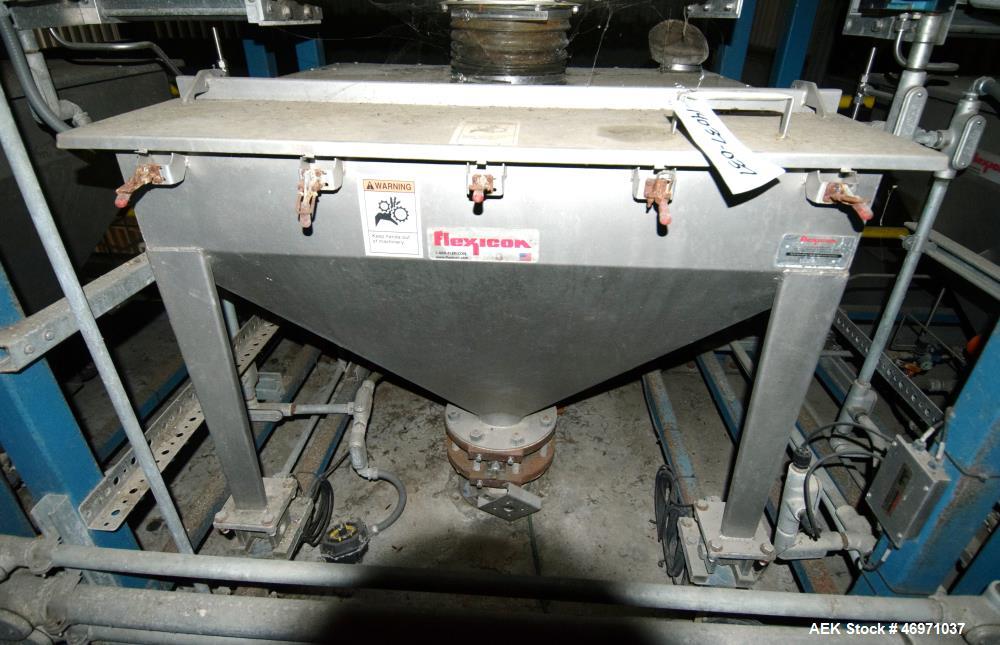 Used Flexicon BFH-C-X Half Frame. Includes (2) air operated bag holders, (1) Tele-Tube telescoping tube, (1) Salina Vortex slide valve, (1) Flexicon agitated hopper, (1) ball valve. Mounted on a carb...