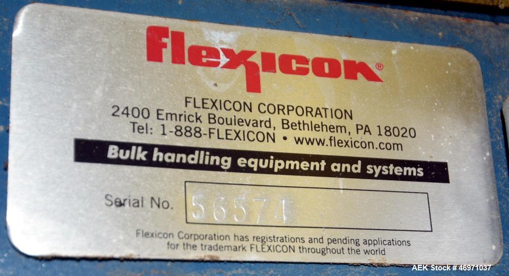 Used Flexicon BFH-C-X Half Frame. Includes (2) air operated bag holders, (1) Tele-Tube telescoping tube, (1) Salina Vortex slide valve, (1) Flexicon agitated hopper, (1) ball valve. Mounted on a carb...