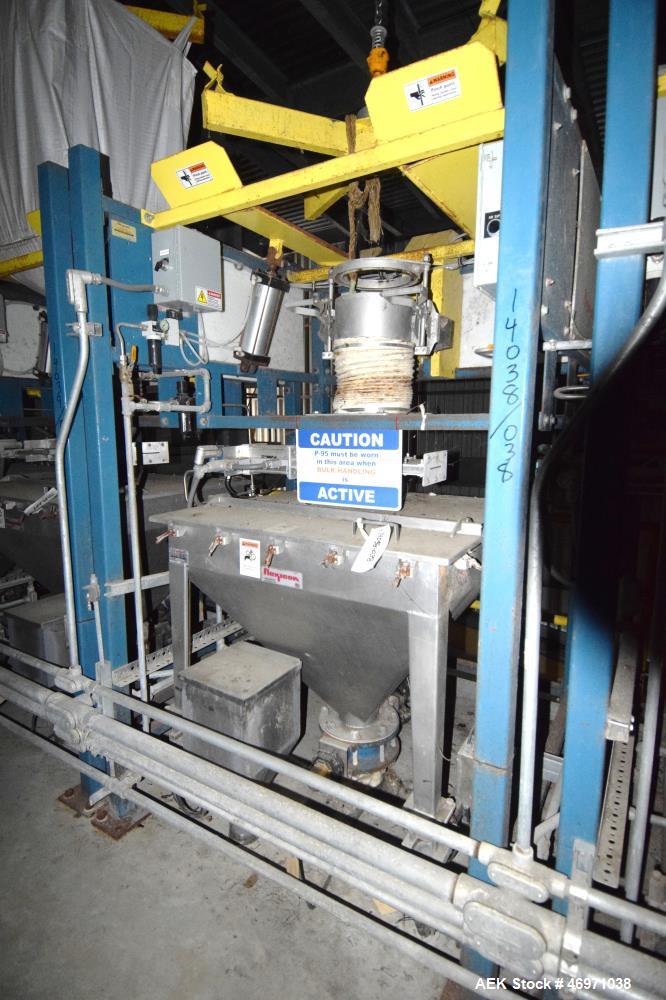 Used Flexicon BFH-C-X Half Frame. Includes (2) air operated bag holders, (1) Tele-Tube telescoping tube, (1) Salina Vortex slide valve, (1) Flexicon hopper, (1) ball valve. Mounted on a carbon steel ...
