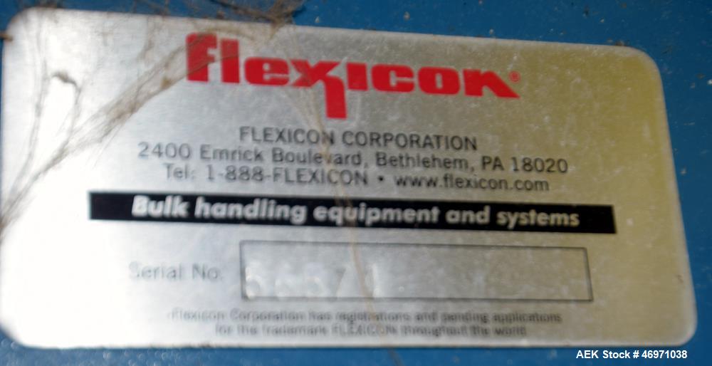 Used Flexicon BFH-C-X Half Frame. Includes (2) air operated bag holders, (1) Tele-Tube telescoping tube, (1) Salina Vortex slide valve, (1) Flexicon hopper, (1) ball valve. Mounted on a carbon steel ...