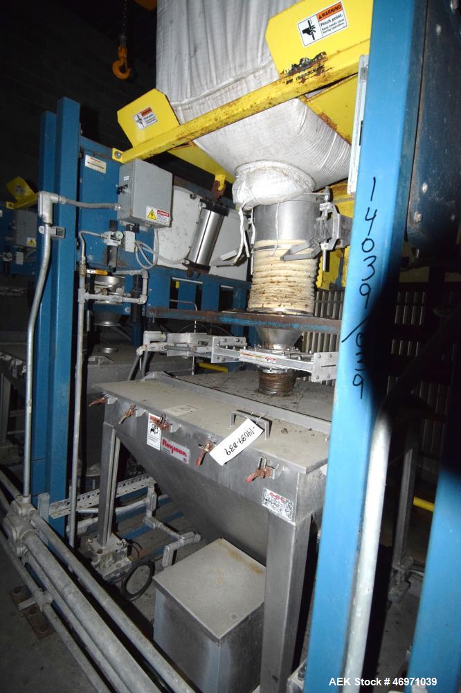 Used Flexicon BFH-C-X Half Frame. Includes (2) air operated bag holders, (1) Tele-Tube telescoping tube, (1) Salina Vortex slide valve, (1) Flexicon agitated hopper, (1) ball valve. Mounted on a carb...