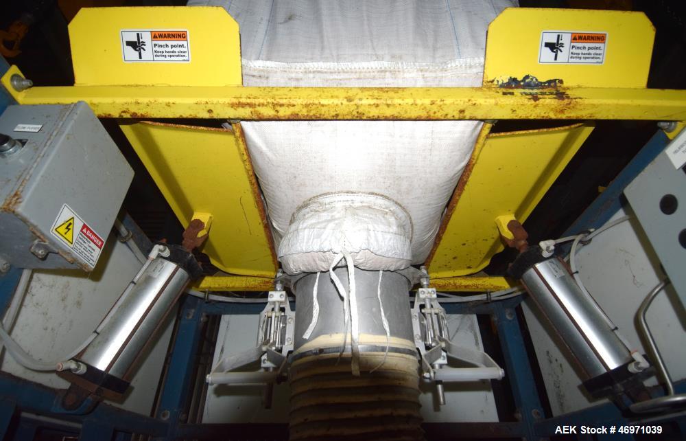 Used Flexicon BFH-C-X Half Frame. Includes (2) air operated bag holders, (1) Tele-Tube telescoping tube, (1) Salina Vortex slide valve, (1) Flexicon agitated hopper, (1) ball valve. Mounted on a carb...