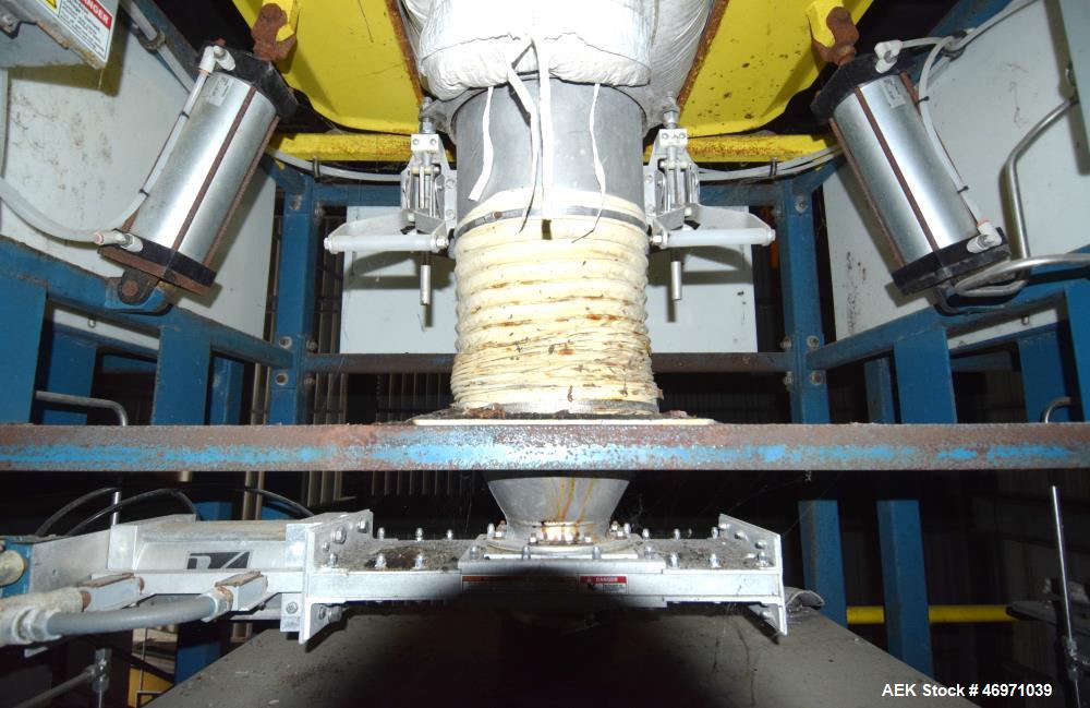 Used Flexicon BFH-C-X Half Frame. Includes (2) air operated bag holders, (1) Tele-Tube telescoping tube, (1) Salina Vortex slide valve, (1) Flexicon agitated hopper, (1) ball valve. Mounted on a carb...