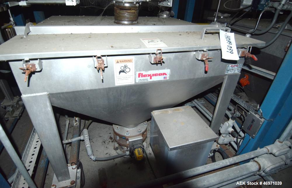 Used Flexicon BFH-C-X Half Frame. Includes (2) air operated bag holders, (1) Tele-Tube telescoping tube, (1) Salina Vortex slide valve, (1) Flexicon agitated hopper, (1) ball valve. Mounted on a carb...