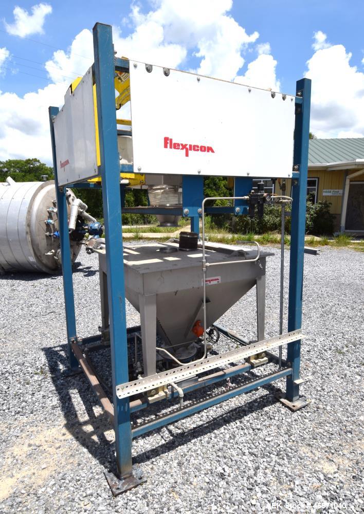 Used Flexicon BFH-C-X Half Frame. Includes (2) air operated bag holders, (1) Tele-Tube telescoping tube, (1) Salina Vortex slide valve, (1) Flexicon hopper, (1) ball valve. Mounted on a carbon steel ...