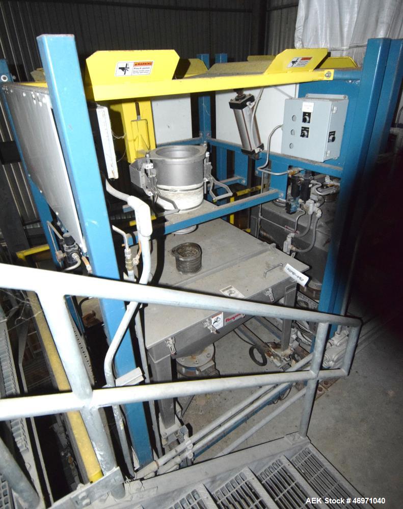 Used Flexicon BFH-C-X Half Frame. Includes (2) air operated bag holders, (1) Tele-Tube telescoping tube, (1) Salina Vortex slide valve, (1) Flexicon hopper, (1) ball valve. Mounted on a carbon steel ...