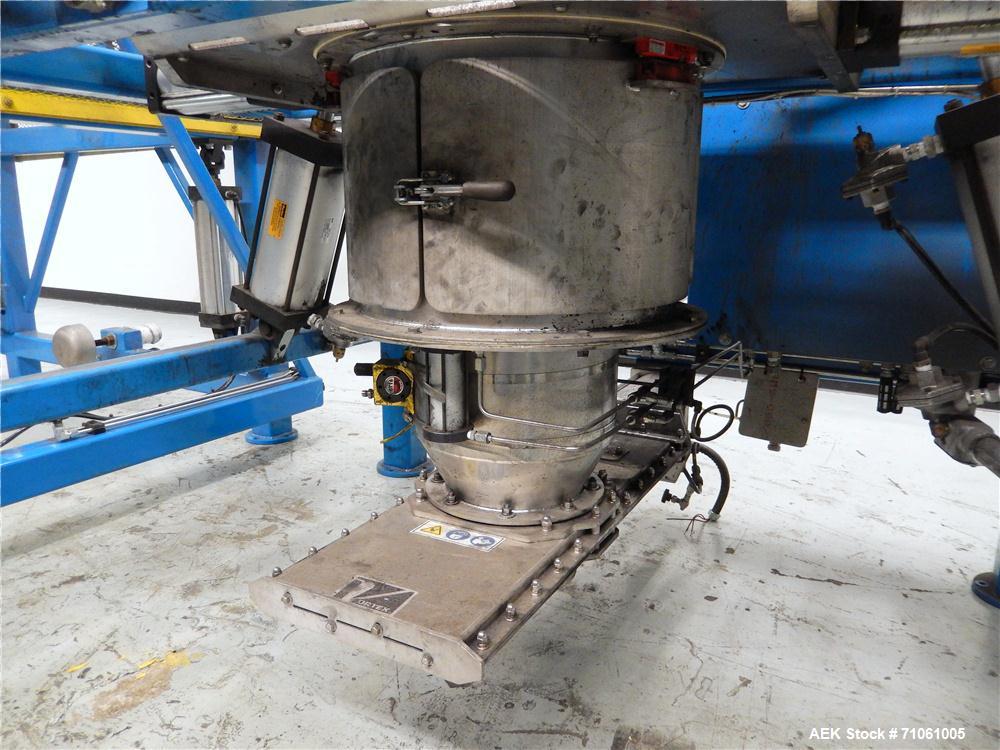 Used Material Transfer & Storage, Inc Bulk Bag Supersack Unloader. Machine includes (1) Harrington 2-ton (4,000lb) electronic crane, s/n: 11B2000, a PepperL+Fuchs Type X 6000 series purging system, F...