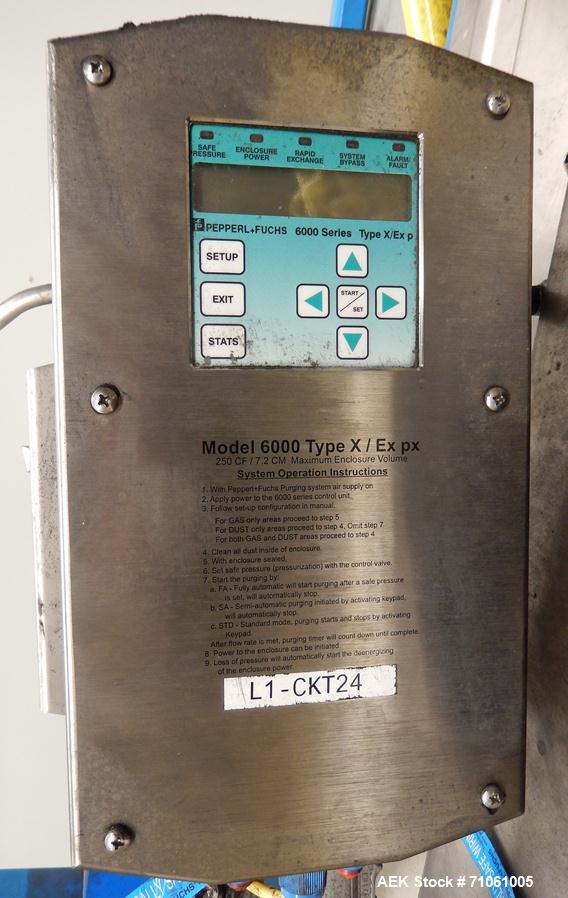 Used Material Transfer & Storage, Inc Bulk Bag Supersack Unloader. Machine includes (1) Harrington 2-ton (4,000lb) electronic crane, s/n: 11B2000, a PepperL+Fuchs Type X 6000 series purging system, F...