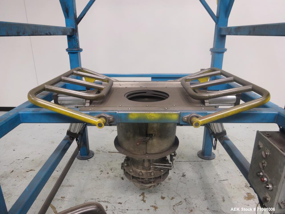 Used Material Transfer & Storage, Inc Bulk Bag Supersack Unloader. Machine includes (1) Harrington 2-ton (4,000 pound) electronic crane, Flo-Master massagers, sure-seal spout clamping system and a Vo...