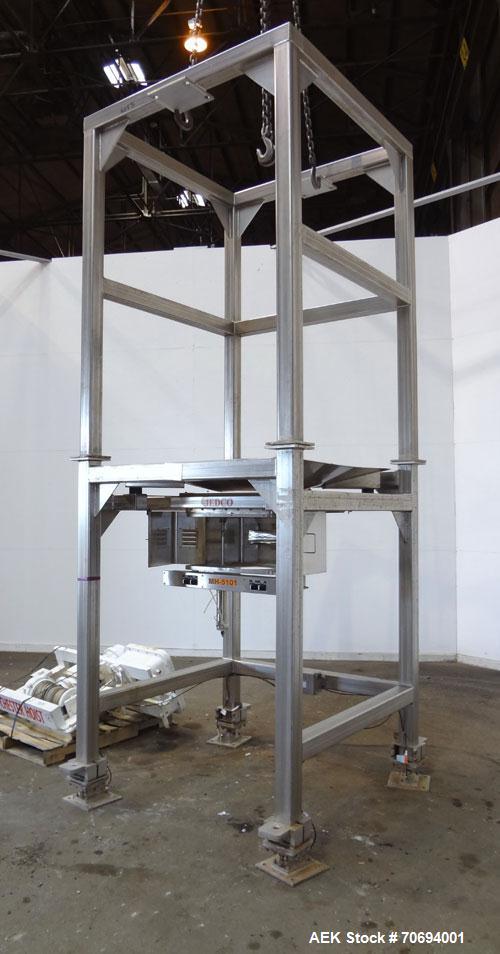 Used IEDCO Bulk Bag Discharge Station, Model 10286-BBU-5101, 304 Stainless Steel. (1) Top frame section approximate 63” long x 63” wide x 84” tall, (1) bottom frame section approximate 63” long x 63”...