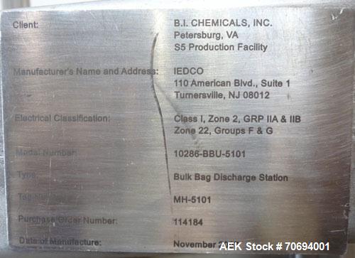 Used IEDCO Bulk Bag Discharge Station, Model 10286-BBU-5101, 304 Stainless Steel. (1) Top frame section approximate 63” long x 63” wide x 84” tall, (1) bottom frame section approximate 63” long x 63”...