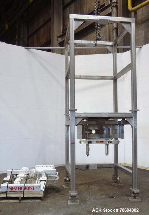 Used IEDCO Bulk Bag Discharge Station, Model 10286-BBU-5101, 304 Stainless Steel. (1) Top frame section approximately 63" long x 63" wide x 84" tall, (1) bottom frame section approximately 63" long x...