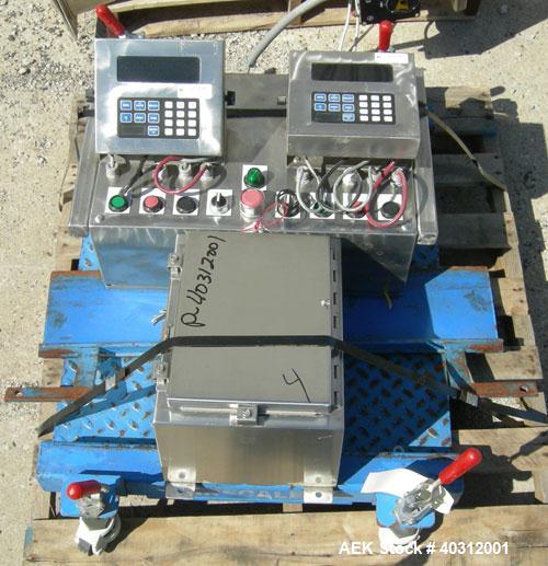 Used Supersack Unloading Station consisting of:  (2) Budgit 1 ton hoist with rails, and motor driven trollies; (2) Vibco vibrating dischargers, model 4P-700; (2) 30" x 30" platform scales with caster...