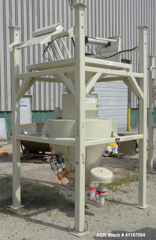 Used Adaptive Engineering & Fabrication Super-Sack Unloading System, Carbon Steel. Approximate 60’’ wide x 60’’ long x 16’ tall frame. (1) Top unloading frame section 72’’ tall with removable bag lif...