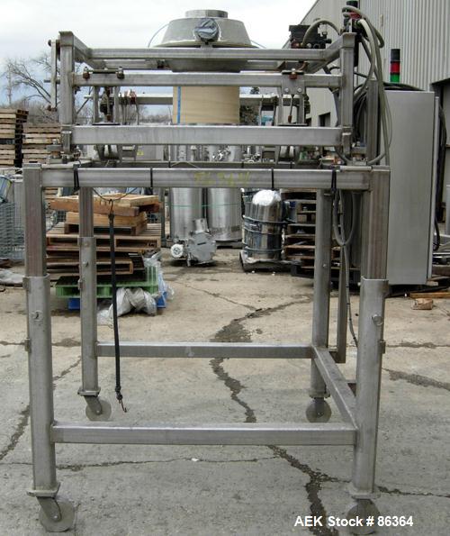 Used Supersack Unloader Consisting Of: (1) Stainless steel frame with a 12" diameter cuff, mounted on casters. MT Weigh Systems scales, model 8000HE-1K, 1000 pound capacity; (2) 304 stainless steel p...
