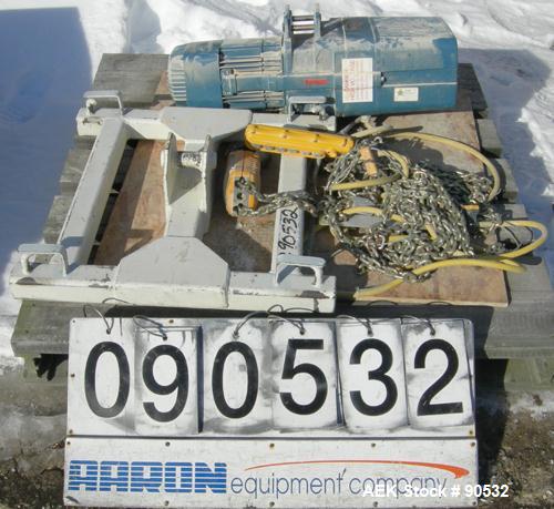 Used: Taylor Products bulk bag discharger, model DW-1000, approximate 2000 pound capacity. Includes a 54" diameter vibrating pan ,no motor, and a Demag hoist with bag holder. Frame measures 65" wide ...
