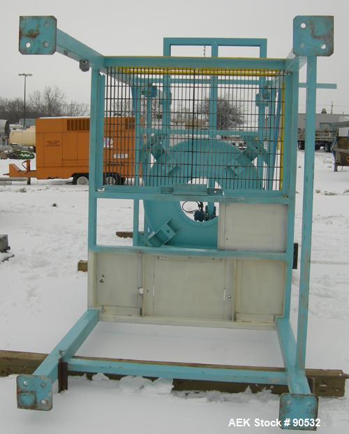 Used: Taylor Products bulk bag discharger, model DW-1000, approximate 2000 pound capacity. Includes a 54" diameter vibrating pan ,no motor, and a Demag hoist with bag holder. Frame measures 65" wide ...