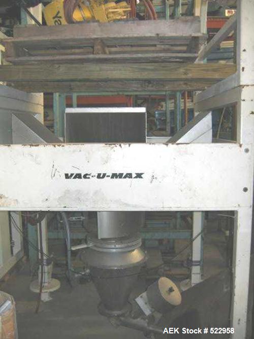 USED: Vac-U-Max stainless steel de-weighing bulk bag unloader.Lifting beam 4" x 8" x 8' long. Yale 1/2 ton air driven hoist.Stainless stel material contact parts. 4 air actuated petals whichknead low...