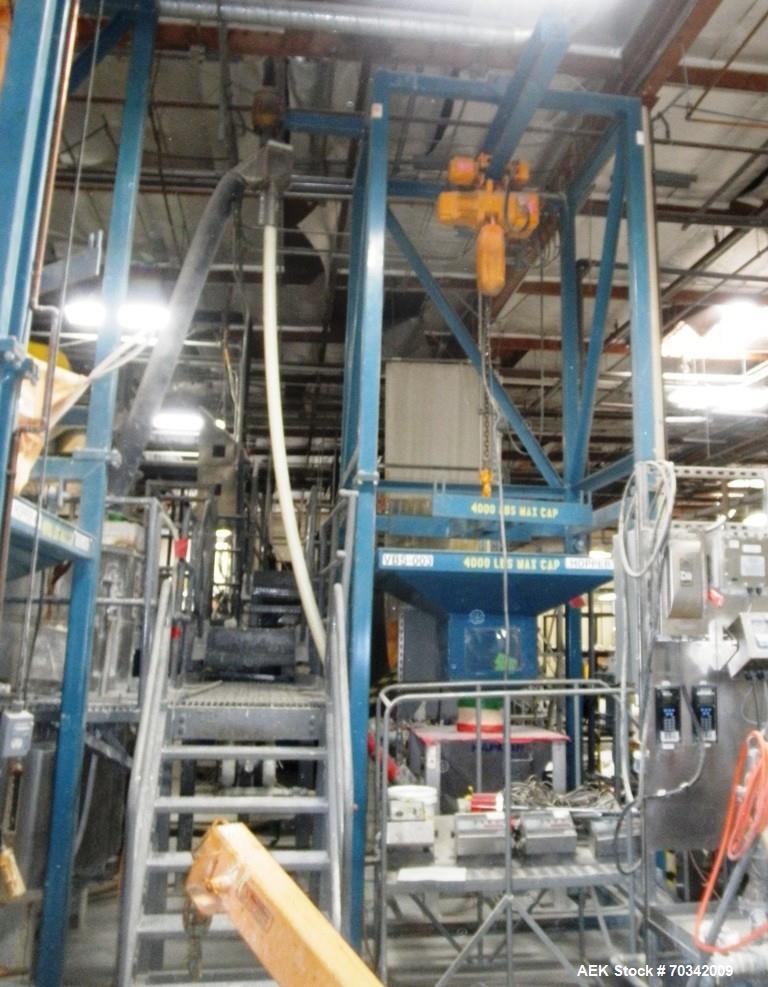 Used Vibra Screw Bulk Bag Supersack Unloader. Includes overhead traveling hoist for bags rated for 4,000 pounds maximum capacity. Heavy duty frame, bag support hopper, vibration discharge system, mil...