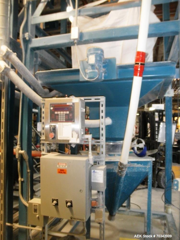 Used Vibra Screw Bulk Bag Supersack Unloader. Includes overhead traveling hoist for bags rated for 4,000 pounds maximum capacity. Heavy duty frame, bag support hopper, vibration discharge system, mil...