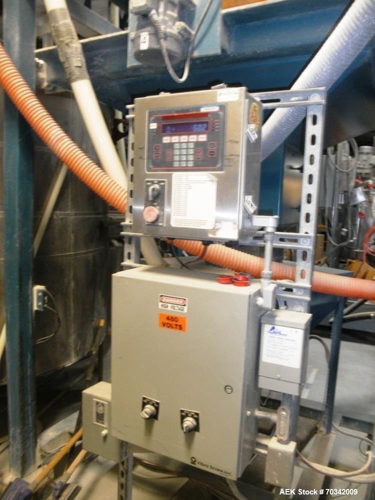 Used Vibra Screw Bulk Bag Supersack Unloader. Includes overhead traveling hoist for bags rated for 4,000 pounds maximum capacity. Heavy duty frame, bag support hopper, vibration discharge system, mil...