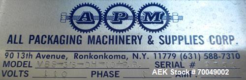 Used All Packaging Machinery (APM) Vertical Rotary Band Sealering System, Model VBS-3/8-DH-10+P.R. Machine has variable speeds pf up to 540 inches per minute. Has a 5" heating and a 5" cooling zone. ...