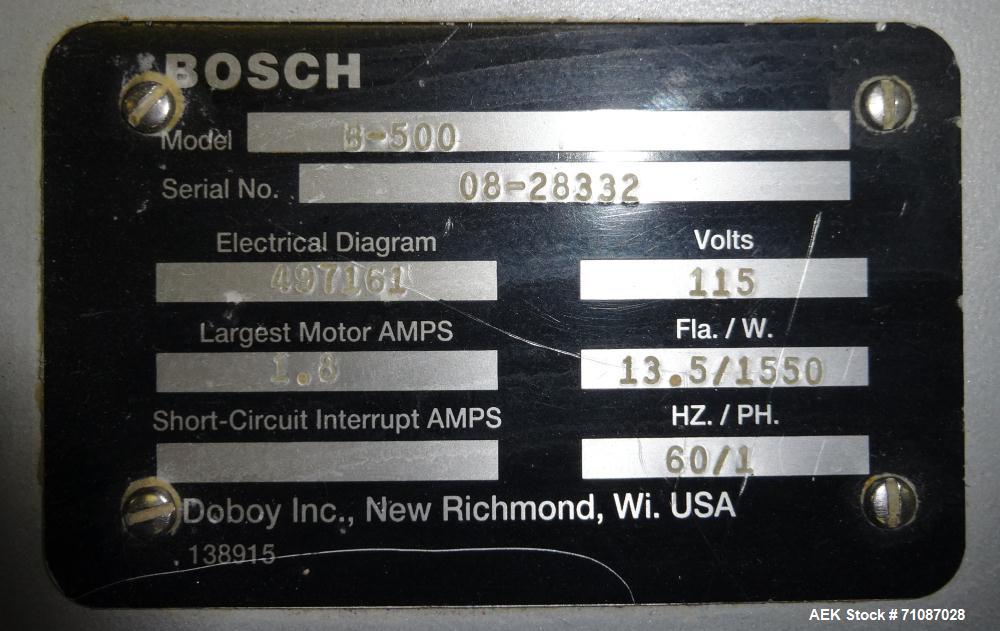 Used Doboy (Bosch) Model B500 automatic bag sealer rated from 50" to 750" per minute - depending on materials and application, Capable of sealing all heat sealable materials, tube style or gusseted. ...