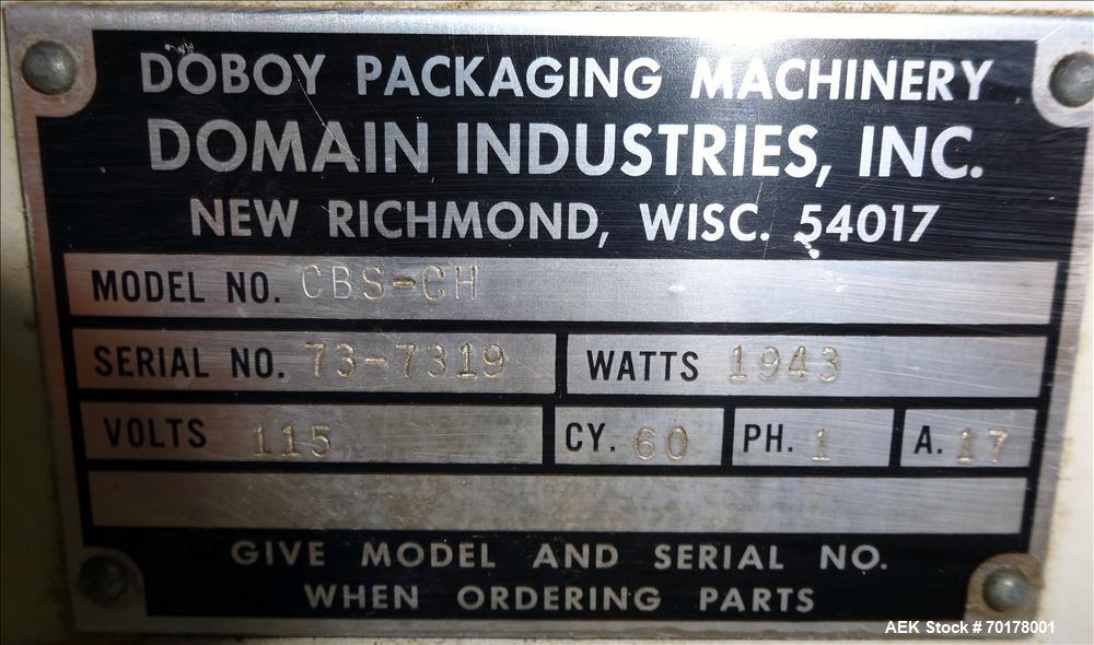 Used Doboy Model CBS-CH Continuous Band Sealer. Machine can perform at variable speeds from 300" - 425" per minute. The CBS-CH is chain fed for high volume, continuous production. Machine has a maxim...