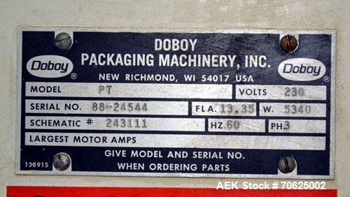 Used Doboy Model PT Pinch Bottom Bag Sealer. Up to 30 bags per minute. Designed for multiwall bags with heat-sealable inner liners. Sews bags, trims tops, applies pre-coated heat-sealable tape, and i...