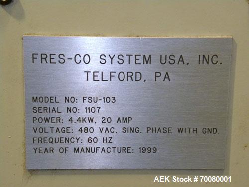 Used Fres-Co Systems Band Sealer, Model FSU-103. Capable of sealing up to 16 Bags per minute. Handles bags from 5 to 100 lbs. Bag clearance height from 24"up to 54" Approximately 21" long traveling s...