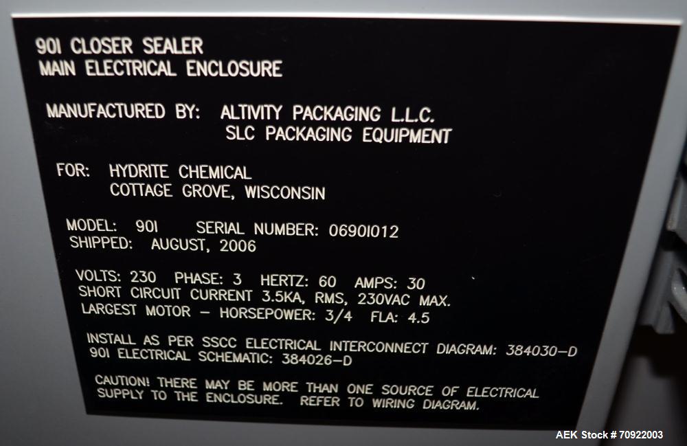 Used Altivity Packaging Model 901 Band Sealer / Closer. Designed for bags, approximate 48” long band length. With horizontal rubber belt take away conveyor in steel frame 12” x 174” long. .230 Volt, ...