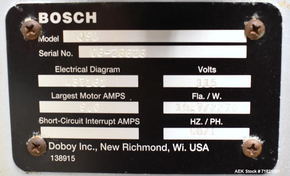 Used Bosch Doboy Semi-Automatic Bag Top Labeler, Model JSL.  Heat seals a paper header label to the top of a premade bag.  Speed up to 30 bags / minute.  Label Width: 2.5" - 9.5" (6.35 - 24.13 cm); U...