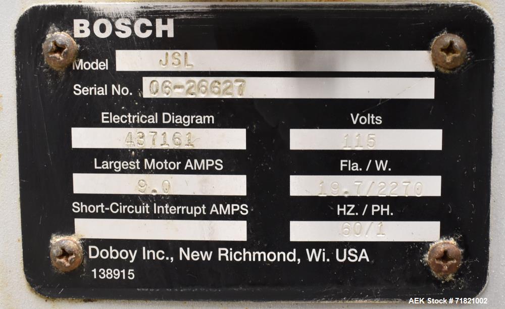 Used Bosch Doboy Semi-Automatic Bag Top Labeler, Model JSL.  Heat seals a paper header label to the top of a premade bag.  Speed Up to 30 bags / min.  Label width; 2.5" - 9.5" (6.35 - 24.13 cm), Unfo...