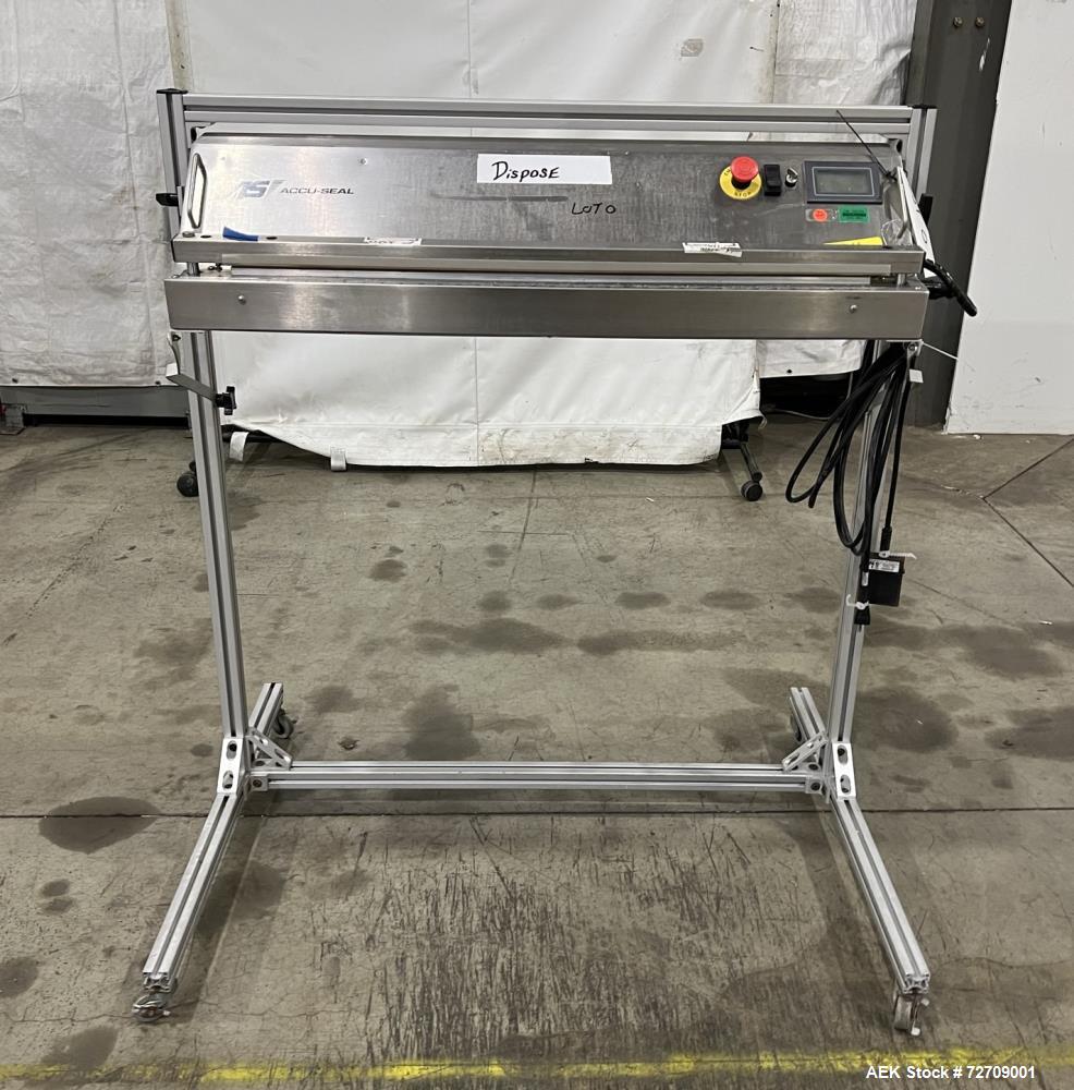 Used Accu-Seal Bag Impulse Sealer, Model 6300-35-B. Seal length 34" maximum x 3/8" width. Has HMI. Mounted on modular frame with casters. 1/60/120 volt, 15amp Power Requirement. Serial# 48999. Built ...