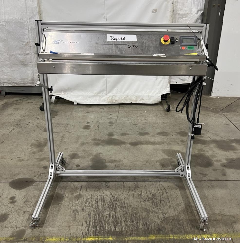 Used- Accu-Seal Bag Impulse Sealer, Model 6300-35-B. Seal length 34" maximum x 3/8" width. Has HMI. Mounted on modular frame...