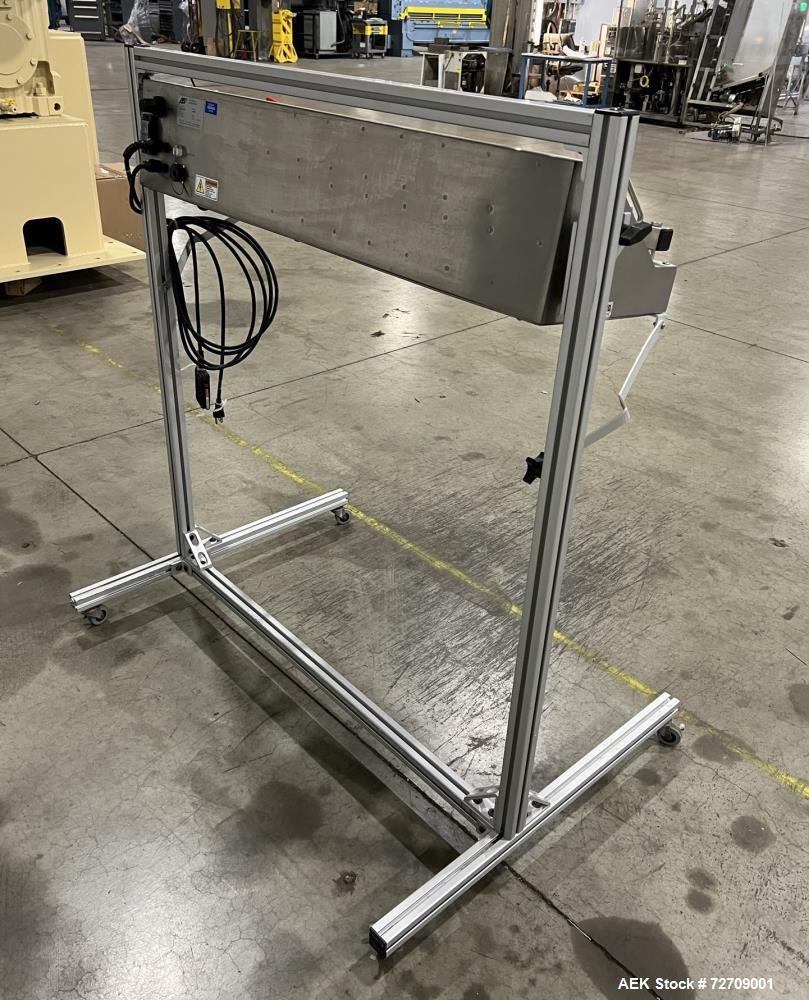 Used Accu-Seal Bag Impulse Sealer, Model 6300-35-B. Seal length 34" maximum x 3/8" width. Has HMI. Mounted on modular frame with casters. 1/60/120 volt, 15amp Power Requirement. Serial# 48999. Built ...