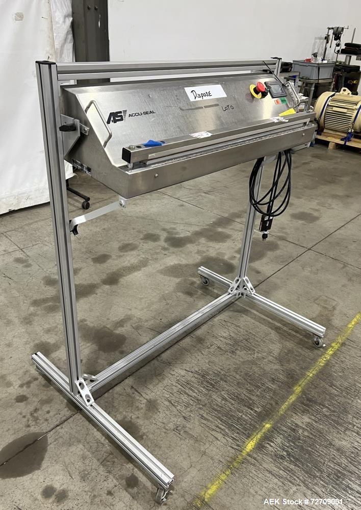Used Accu-Seal Bag Impulse Sealer, Model 6300-35-B. Seal length 34" maximum x 3/8" width. Has HMI. Mounted on modular frame with casters. 1/60/120 volt, 15amp Power Requirement. Serial# 48999. Built ...