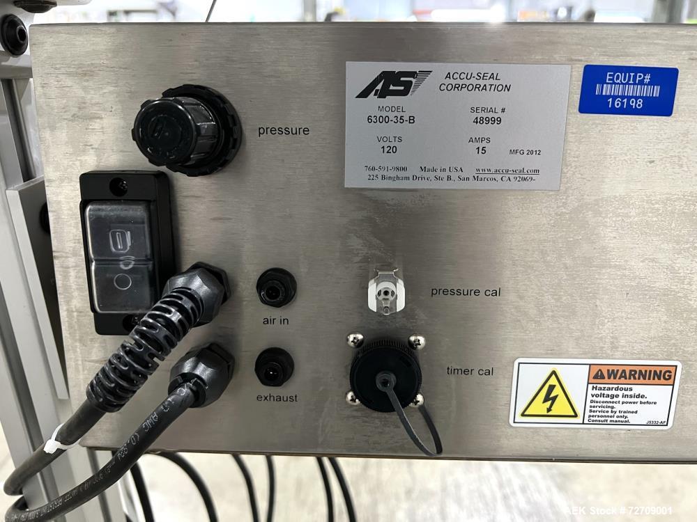 Used Accu-Seal Bag Impulse Sealer, Model 6300-35-B. Seal length 34" maximum x 3/8" width. Has HMI. Mounted on modular frame with casters. 1/60/120 volt, 15amp Power Requirement. Serial# 48999. Built ...
