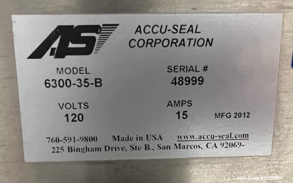 Used Accu-Seal Bag Impulse Sealer, Model 6300-35-B. Seal length 34" maximum x 3/8" width. Has HMI. Mounted on modular frame with casters. 1/60/120 volt, 15amp Power Requirement. Serial# 48999. Built ...