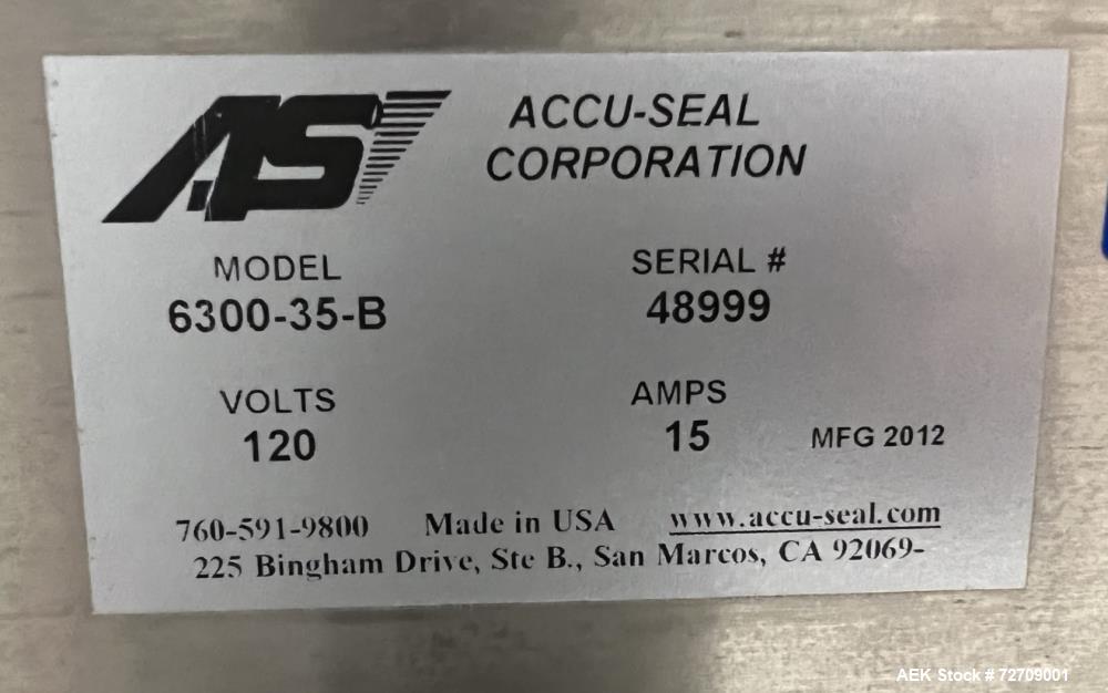 Used- Accu-Seal Bag Impulse Sealer, Model 6300-35-B. Seal length 34" maximum x 3/8" width. Has HMI. Mounted on modular frame...