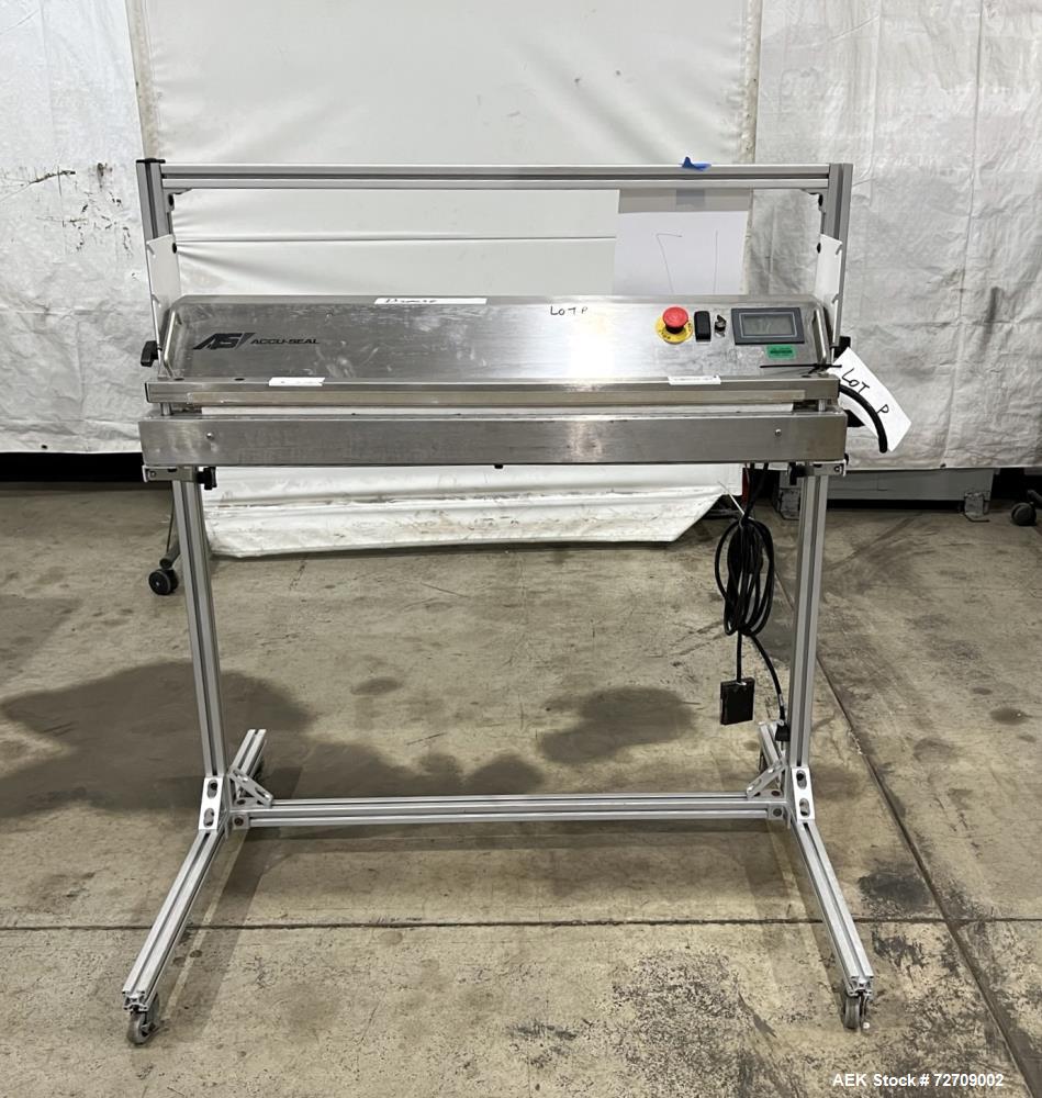 Used- Accu-Seal Bag Impulse Sealer, Model 6300-35-B. Seal length 34" maximum x 3/8" width. Has HMI. Mounted on modular frame...