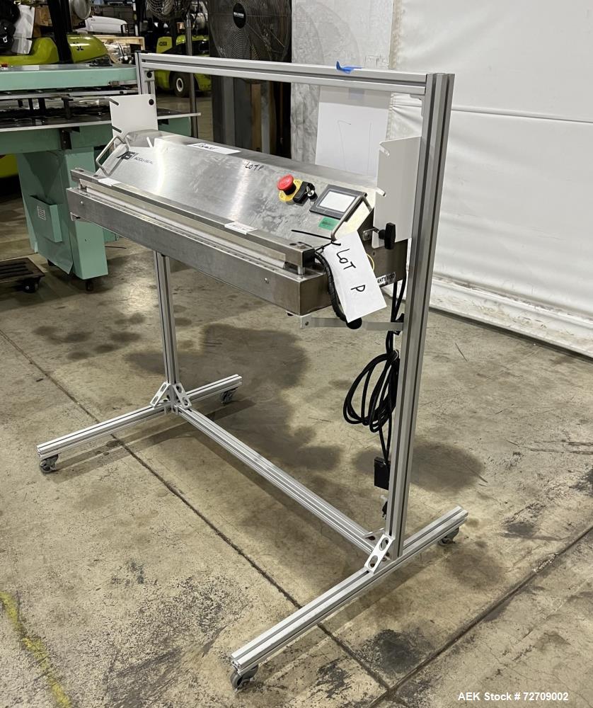 Used Accu-Seal Bag Impulse Sealer, Model 6300-35-B. Seal length 34" maximum x 3/8" width. Has HMI. Mounted on modular frame with casters. 1/60/120 volt, 15amp Power Requirement. Serial# 48389-2, Buil...