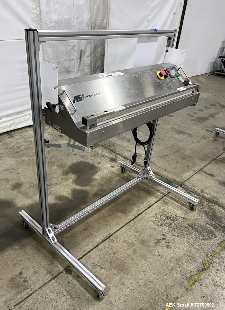Used Accu-Seal Bag Impulse Sealer, Model 6300-35-B. Seal length 34" maximum x 3/8" width. Has HMI. Mounted on modular frame with casters. 1/60/120 volt, 15amp Power Requirement. Serial# 48389-2, Buil...