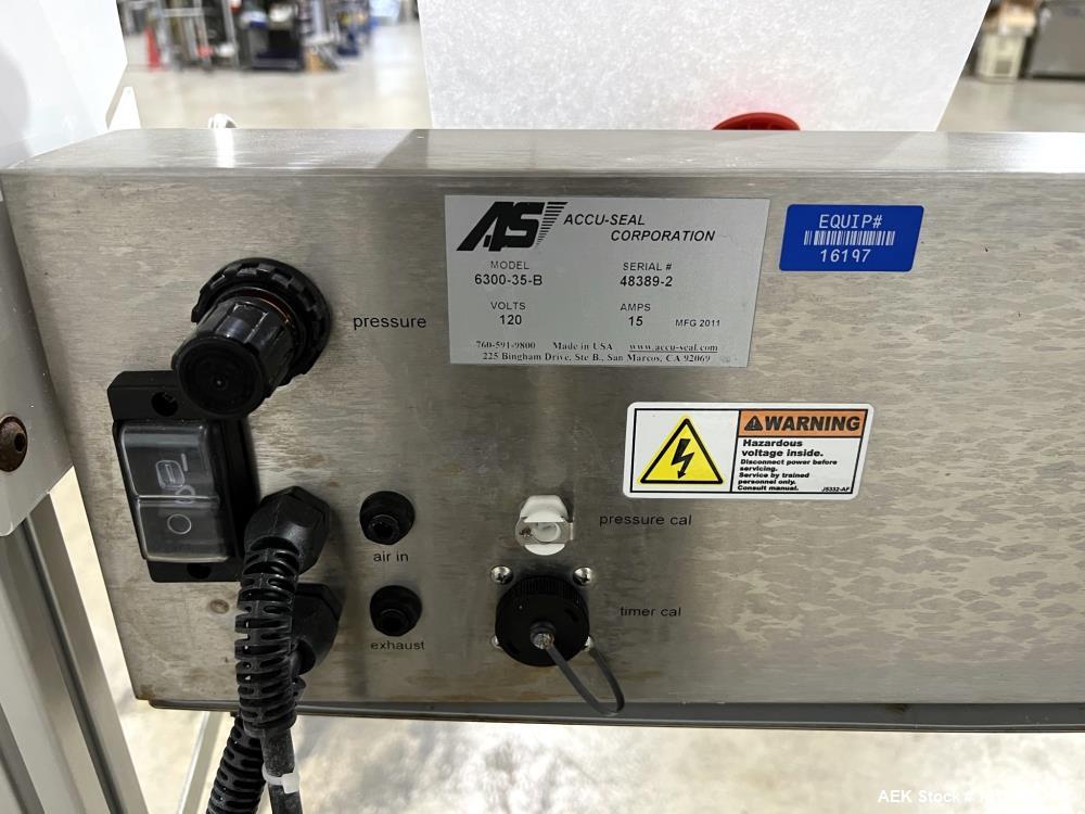 Used Accu-Seal Bag Impulse Sealer, Model 6300-35-B. Seal length 34" maximum x 3/8" width. Has HMI. Mounted on modular frame with casters. 1/60/120 volt, 15amp Power Requirement. Serial# 48389-2, Buil...