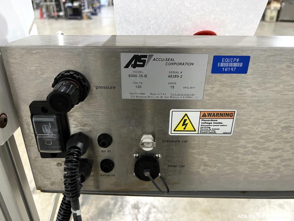 Used- Accu-Seal Bag Impulse Sealer, Model 6300-35-B. Seal length 34" maximum x 3/8" width. Has HMI. Mounted on modular frame...