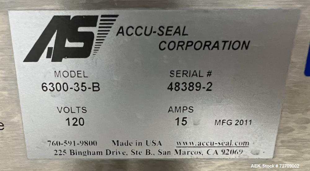 Used- Accu-Seal Bag Impulse Sealer, Model 6300-35-B. Seal length 34" maximum x 3/8" width. Has HMI. Mounted on modular frame...