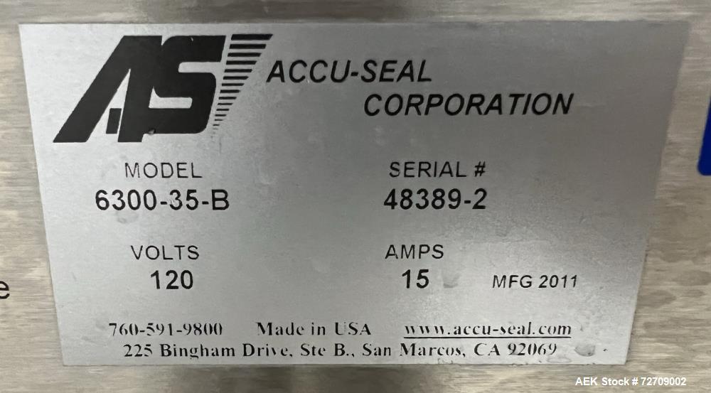 Used Accu-Seal Bag Impulse Sealer, Model 6300-35-B. Seal length 34" maximum x 3/8" width. Has HMI. Mounted on modular frame with casters. 1/60/120 volt, 15amp Power Requirement. Serial# 48389-2, Buil...