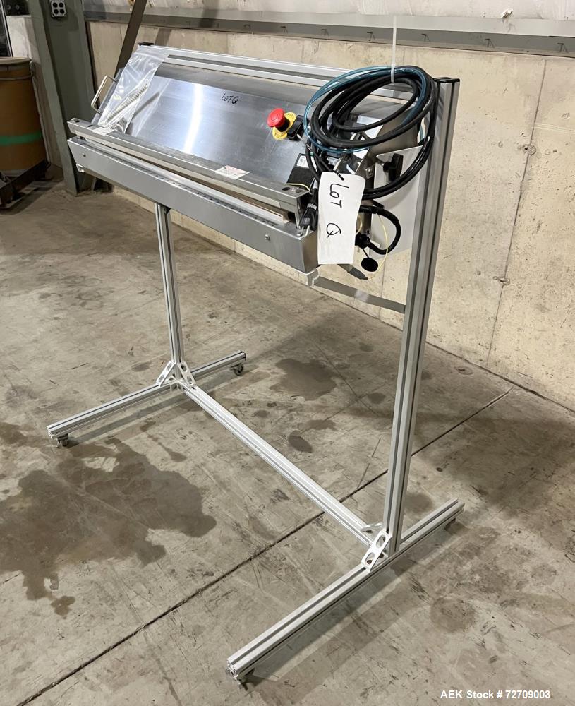 Used Accu-Seal Bag Impulse Sealer, Model 6300-35-B. Seal length 34" maximum x 3/8" width. Has HMI. Mounted on modular frame with casters. 1/60/120 volt, 15amp Power Requirement. Serial# 48389-1, Buil...