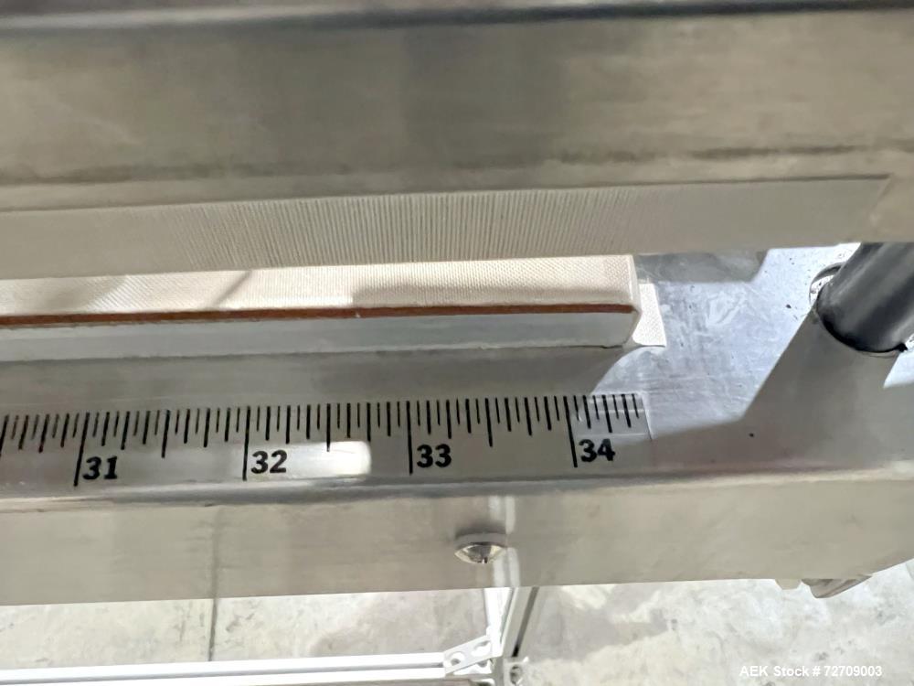Used Accu-Seal Bag Impulse Sealer, Model 6300-35-B. Seal length 34" maximum x 3/8" width. Has HMI. Mounted on modular frame with casters. 1/60/120 volt, 15amp Power Requirement. Serial# 48389-1, Buil...