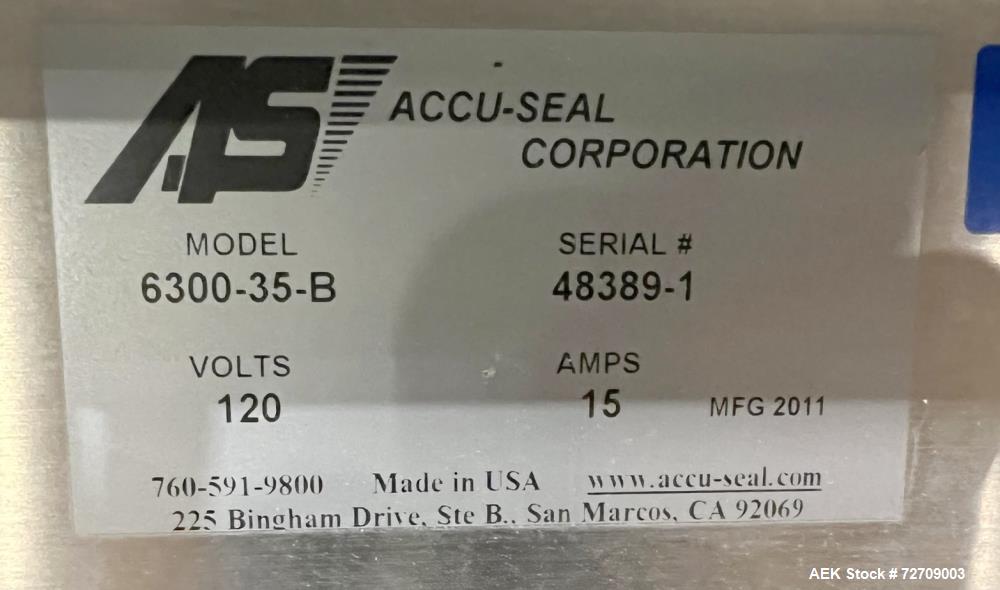 Used Accu-Seal Bag Impulse Sealer, Model 6300-35-B. Seal length 34" maximum x 3/8" width. Has HMI. Mounted on modular frame with casters. 1/60/120 volt, 15amp Power Requirement. Serial# 48389-1, Buil...